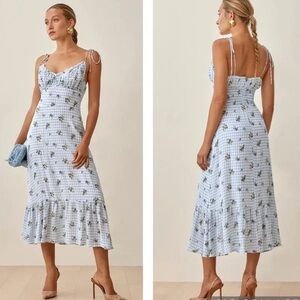 Reformation - Blue & White Check MIDI Dress - Size 8